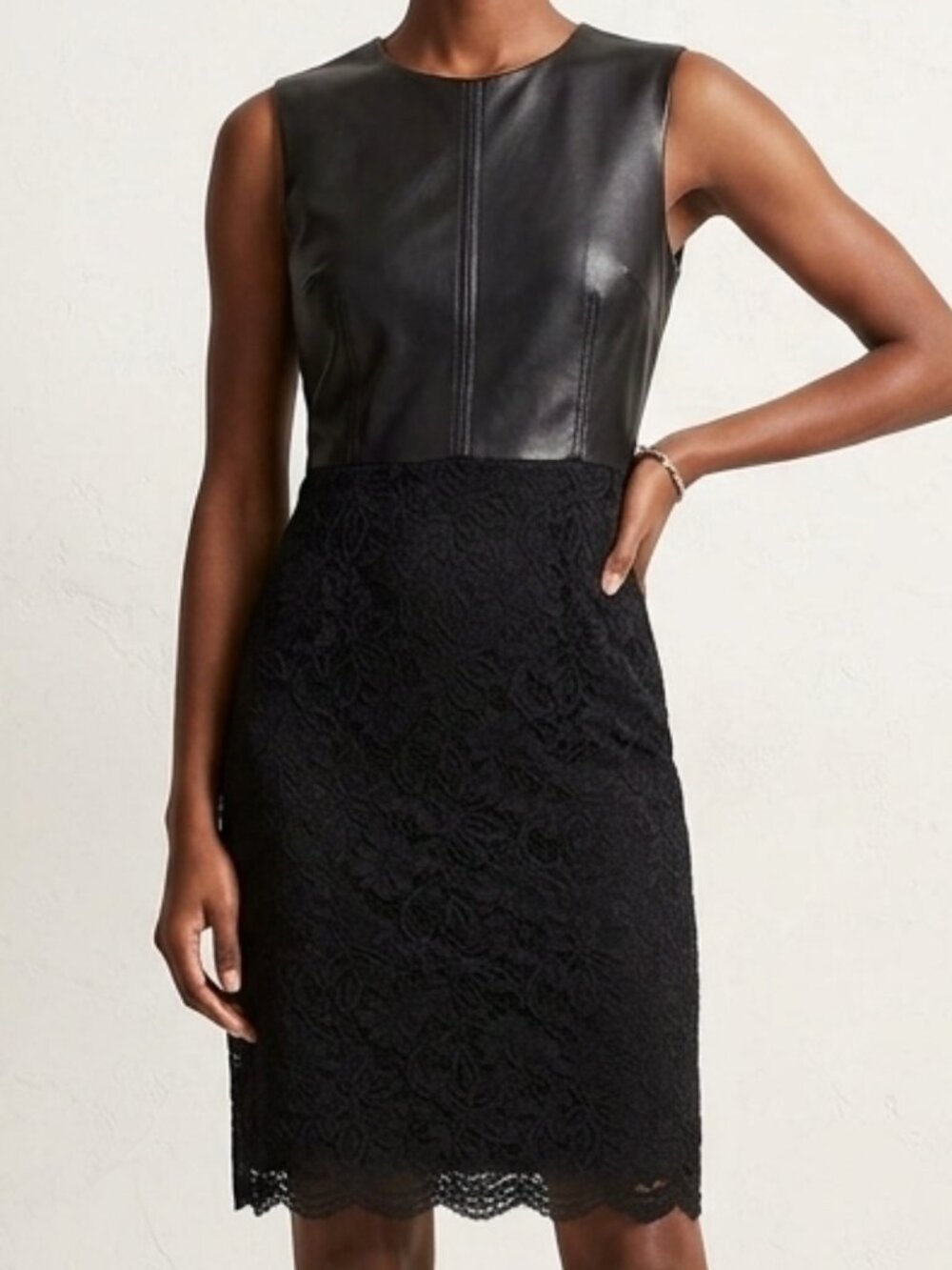 Calvin Klein Black Faux Leather & Lace Sheath Cocktail Dress Gold Zip Size 4